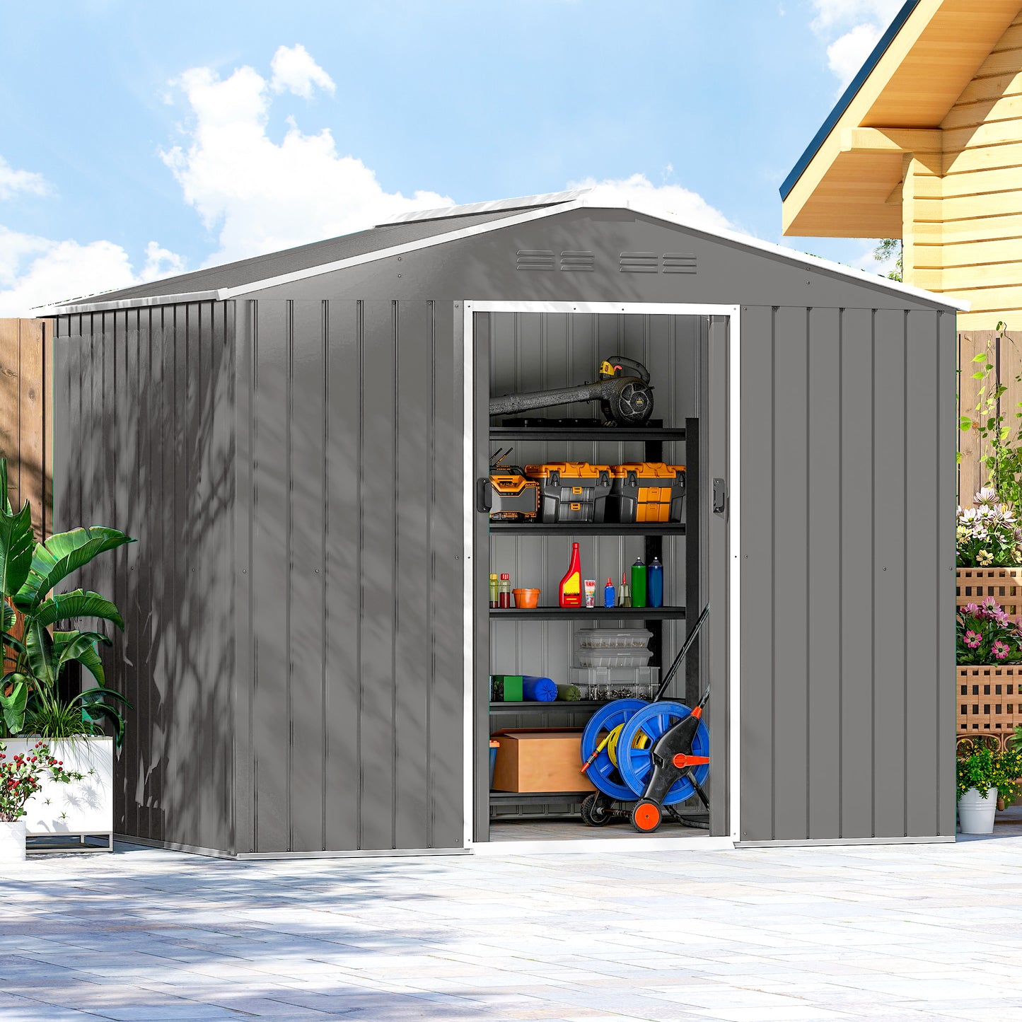 Outsunny 8 x 6ft Galvanised Steel Shed, with Double Door - Light Grey