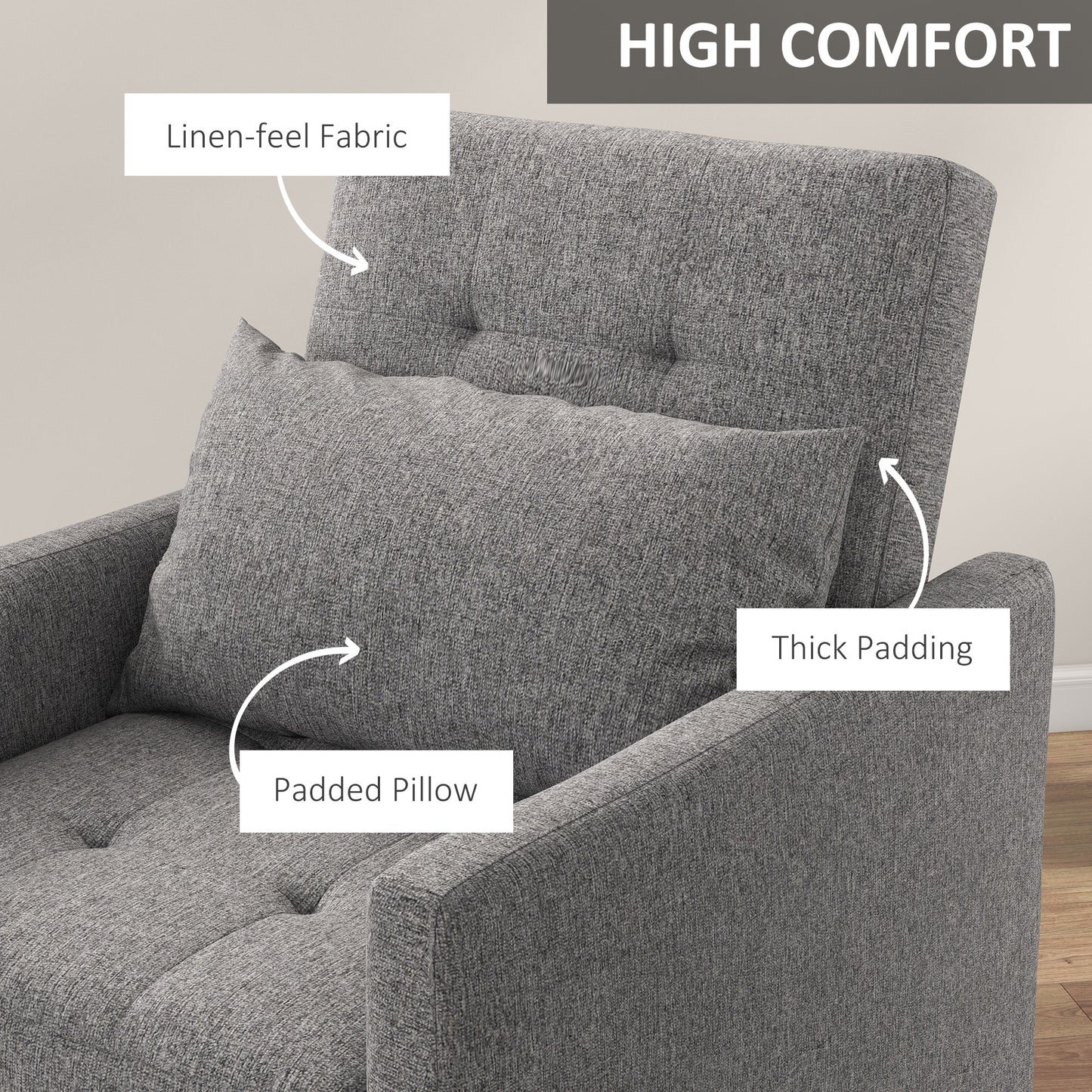 HOMCOM 3-In-1 Single Chair Bed with Adjustable Backrest, Pillow and Footrest for Living Room, Grey