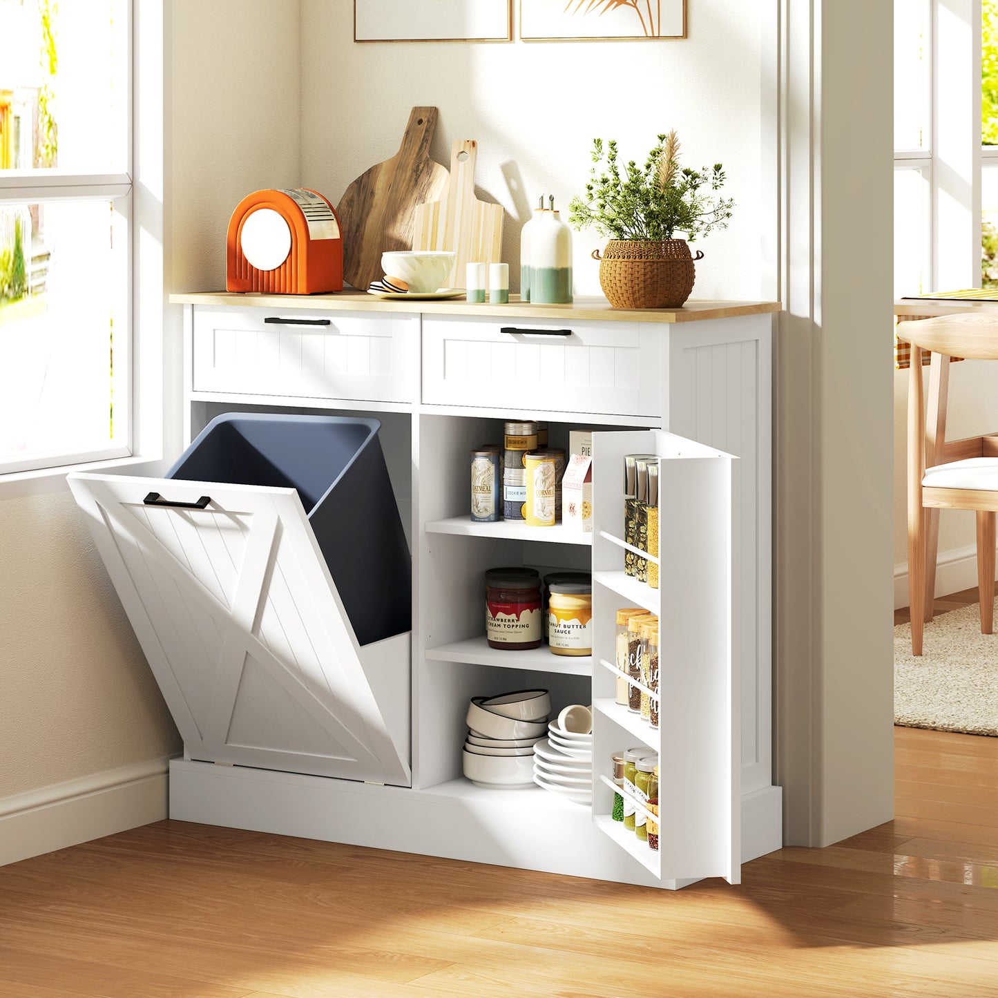 HOMCOM Sideboard with Tilt-out Trash Bin, Farmhouse Kitchen Sideboard with 2 Drawers, Adjustable Shelves, Door Racks, White
