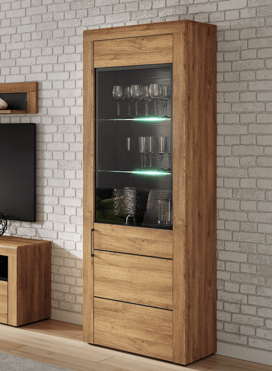 Tall Oak Effect 1 Door Display Cabinet