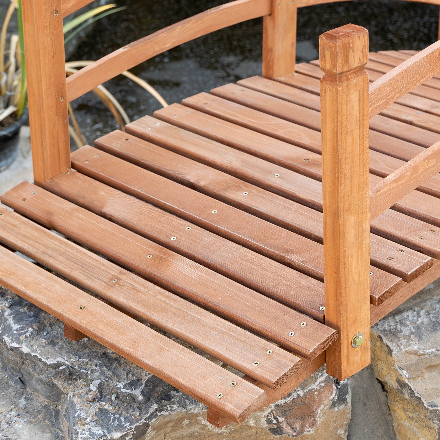 Outsunny 6FT Wooden Garden Bridge with Safety Railings, Classic Arc Footbridge for Stream Pond Walkway, Orange