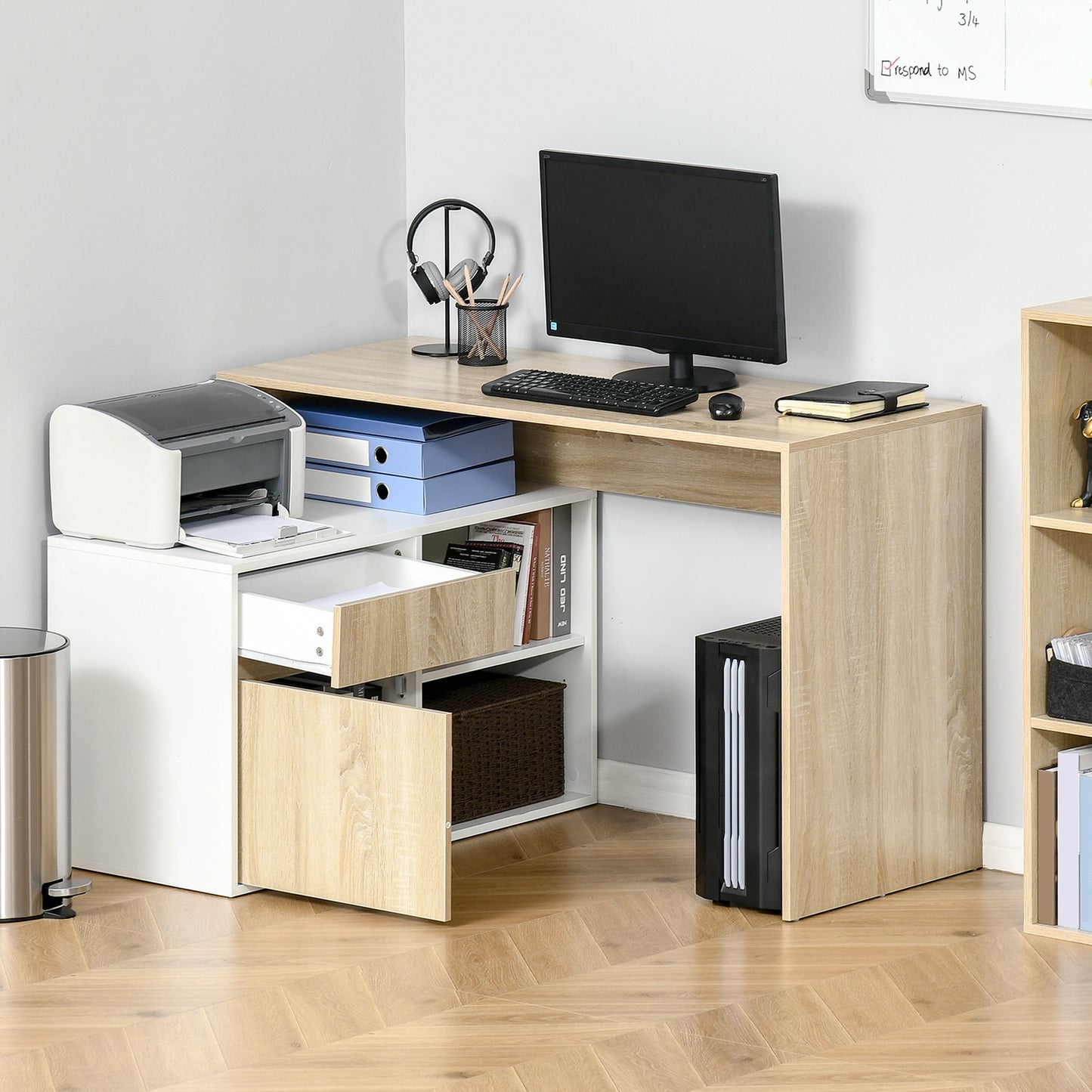 HOMCOM L-Shaped Desk, Corner Computer Desk with Storage Drawer, Adjustable Shelf, Cabinet for Home Office and Study, 120 x 92 x 75cm, Oak and White