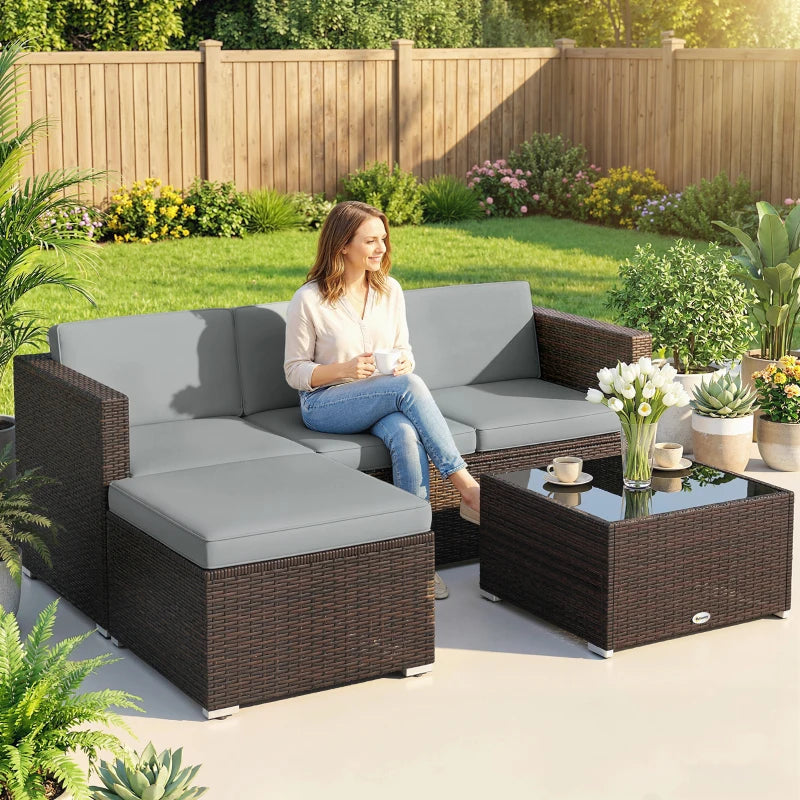Outsunny 3 Pieces Garden Furniture Set w/ Cushions, PE Rattan Wicker Conversation Corner Sofa Set