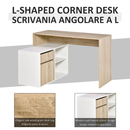 HOMCOM L-Shaped Desk, Corner Computer Desk with Storage Drawer, Adjustable Shelf, Cabinet for Home Office and Study, 120 x 92 x 75cm, Oak and White