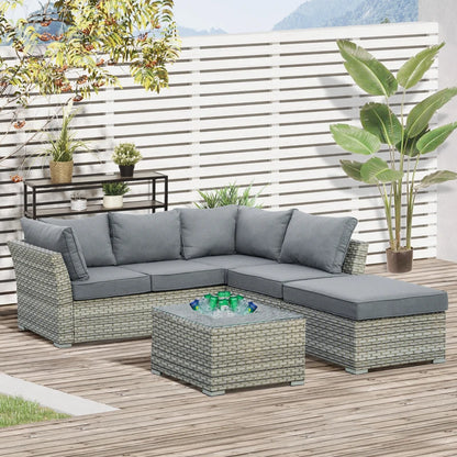 Outsunny 5-Seater Patio PE Rattan Corner Sofa Set, Outdoor Wicker Sectional Conversation Aluminum Frame Furniture Set w/ Padded Cushion, Tea Table with Ice Bucket, Light Grey