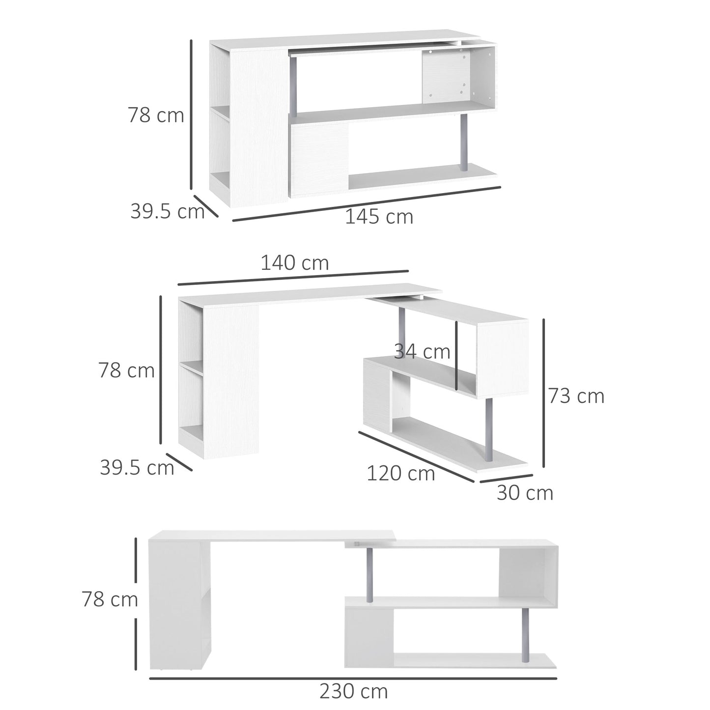 HOMCOM 360 Degree Rotating Corner Desk Storage Shelf Combo Laptop Workstation Wood L Shaped Table Home Office - White