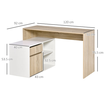 HOMCOM L-Shaped Desk, Corner Computer Desk with Storage Drawer, Adjustable Shelf, Cabinet for Home Office and Study, 120 x 92 x 75cm, Oak and White