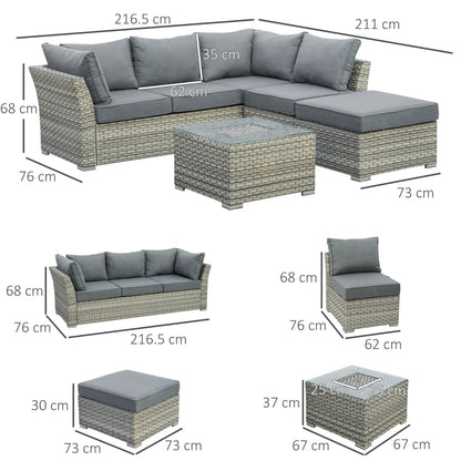 Outsunny 5-Seater Patio PE Rattan Corner Sofa Set, Outdoor Wicker Sectional Conversation Aluminum Frame Furniture Set w/ Padded Cushion, Tea Table with Ice Bucket, Light Grey