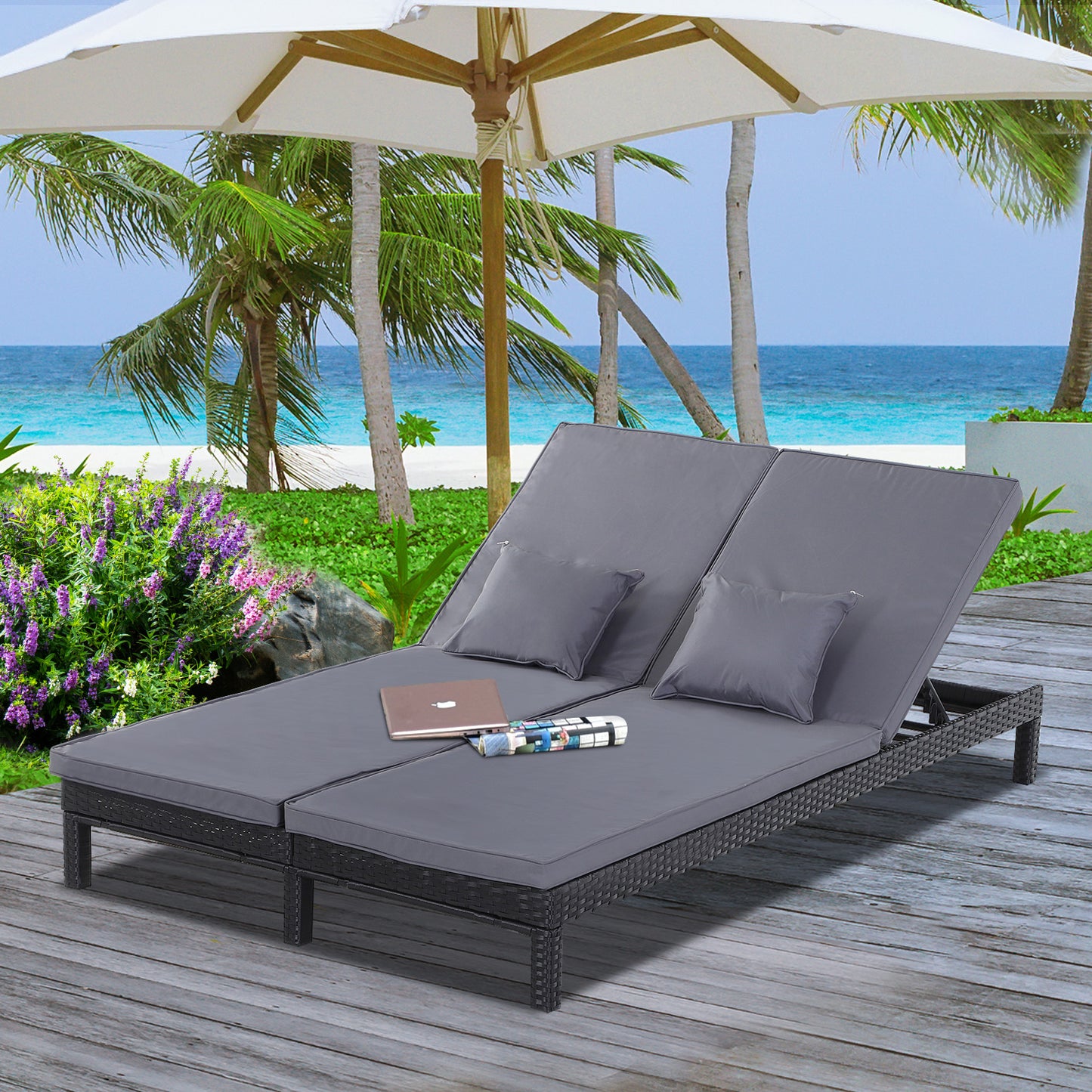 Outsunny 2 Seater Rattan Lounger Adjustable Double Chaise Chair Loveseat w/ Cushion