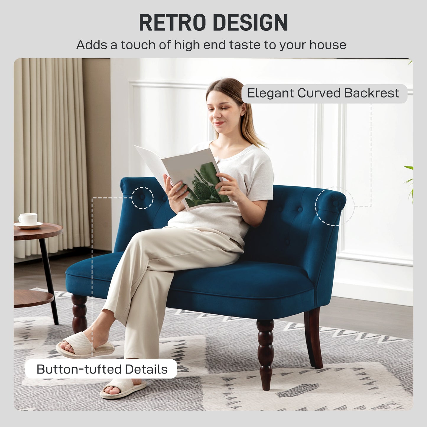 HOMCOM Velvet 2 Seater Sofa, Button Tufted Wingback Loveseat with Rubber Wood Legs for Living Room, Bedroom
