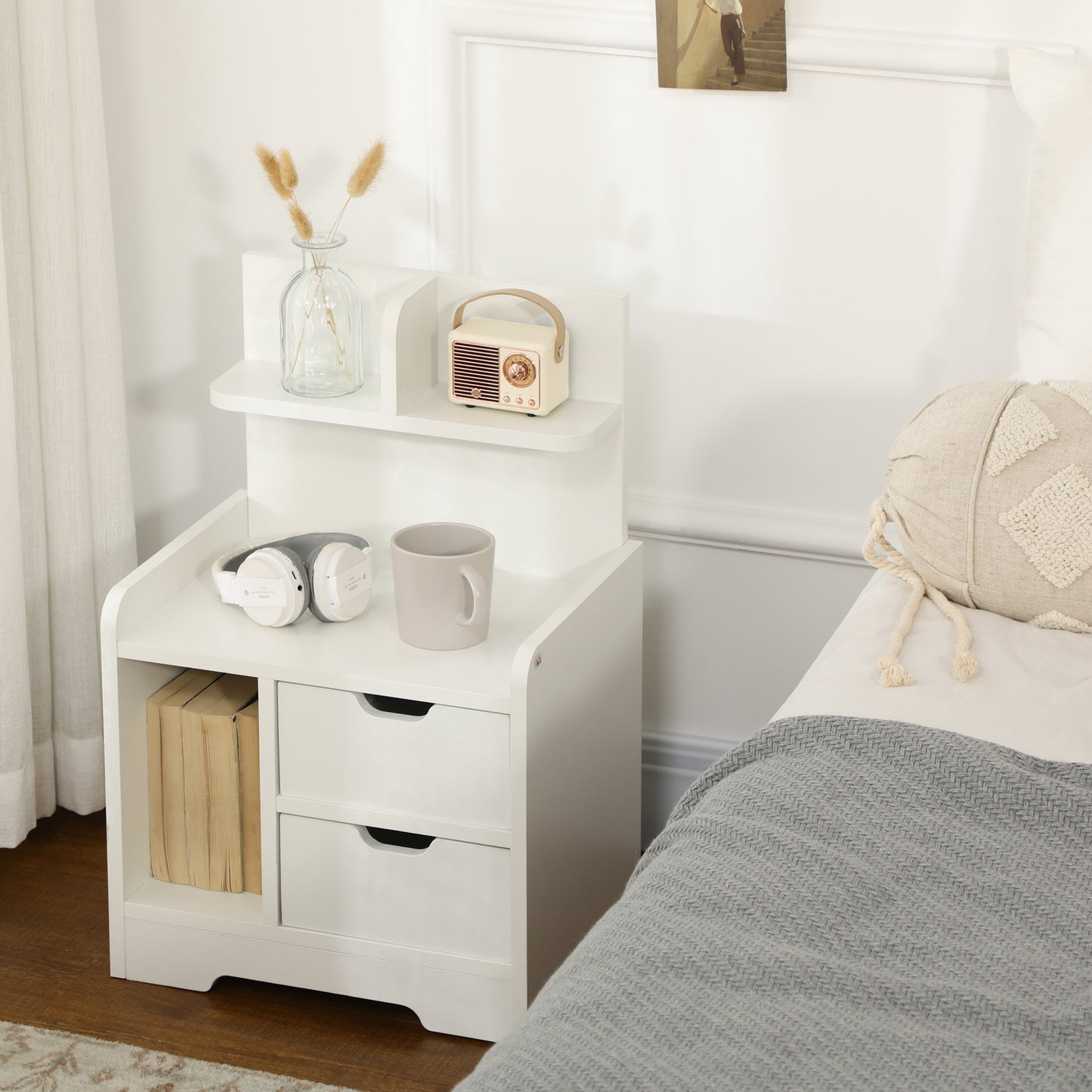 HOMCOM Bedside Table, Small Bedside Cabinet with 2 Drawers and Storage Shelves, Accent Table for Living Room, Bedroom, White