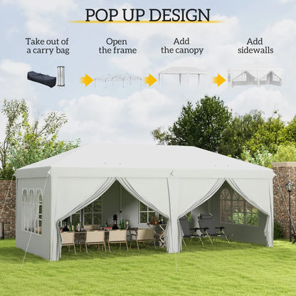 Outsunny 3 x 6 m Pop Up Gazebo with Sides and Windows, Height Adjustable Party Tent with Storage Bag for Garden, Camping, Event, White