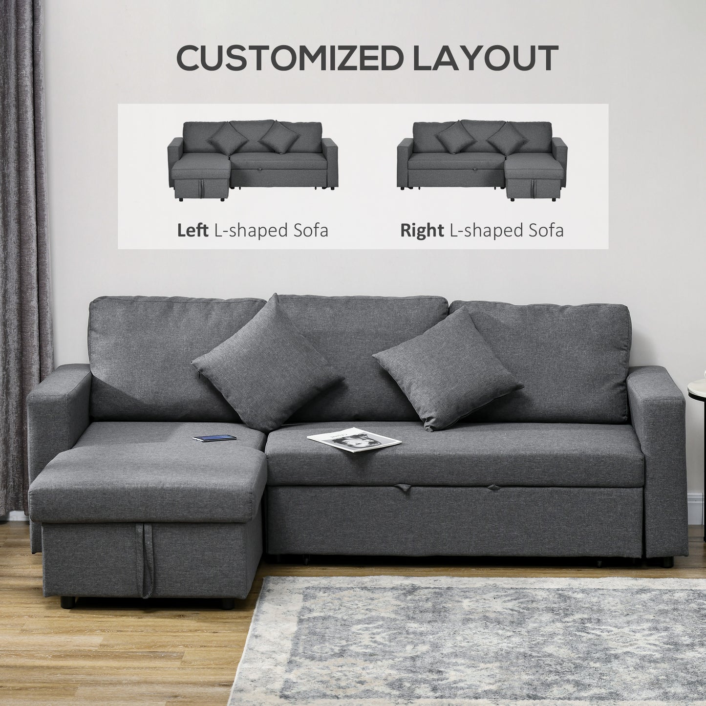 HOMCOM 3 Seater Sofa Bed with Storage, Delivered to Your Home for Free, Dark Grey