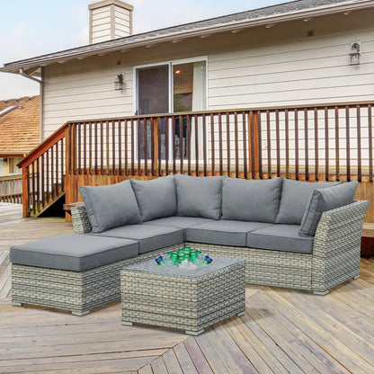 Outsunny 5-Seater Patio PE Rattan Corner Sofa Set, Outdoor Wicker Sectional Conversation Aluminum Frame Furniture Set w/ Padded Cushion, Tea Table with Ice Bucket, Light Grey