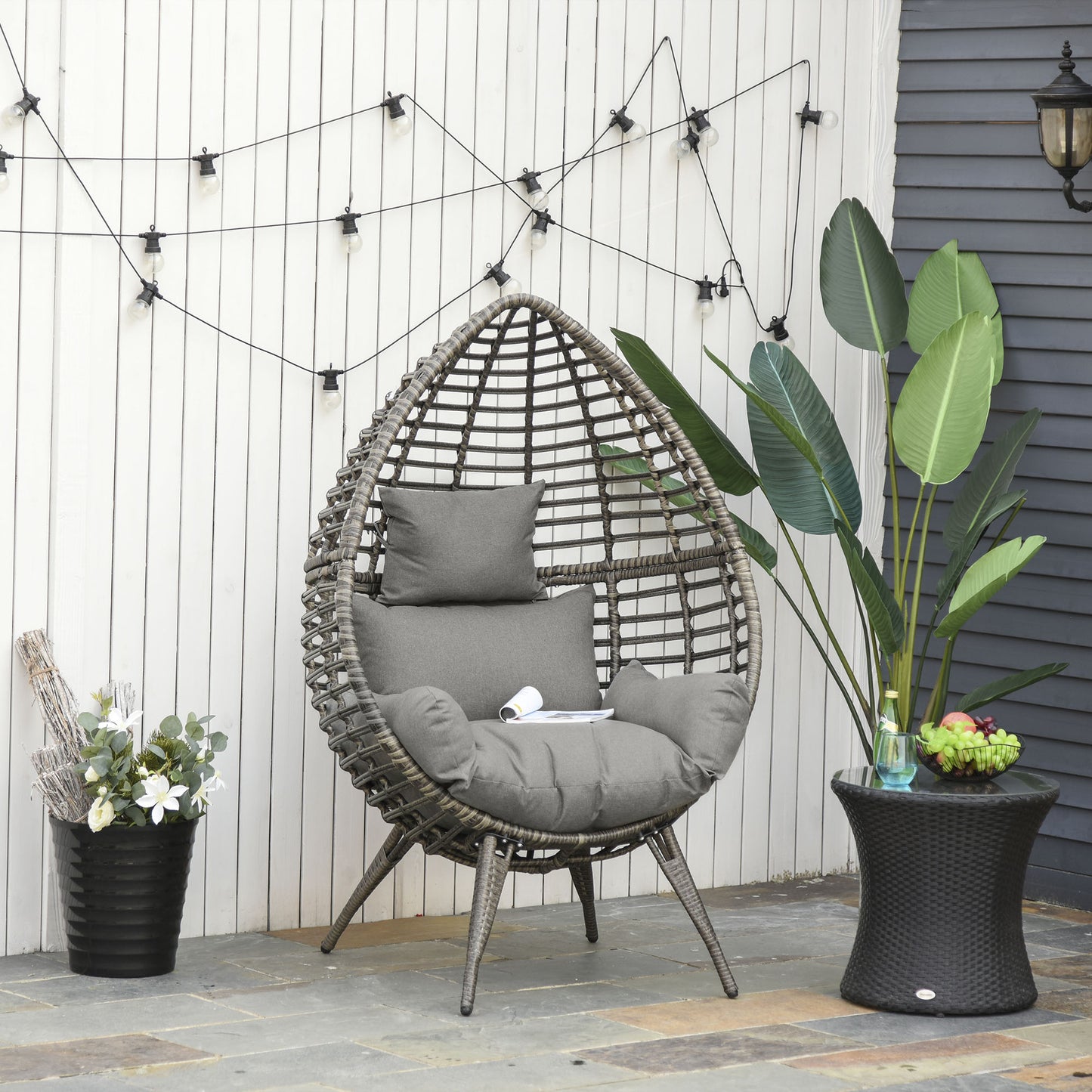 Outsunny Teardop PE Wicker Rattan Chair w/ Thick Cushions 4 Legs Outdoor Seat Egg Garden